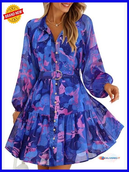 Dresses & Skirts - Floral Chiffon Mini Dress Long Sleeve Button A-Line Swing Party Dress